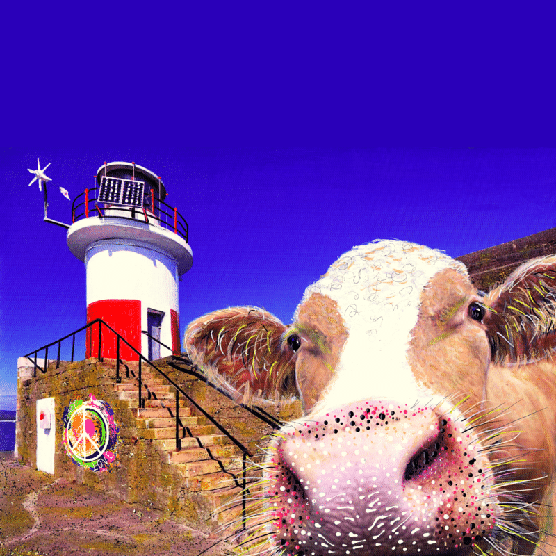 Greeting Card: Kelly Hood - Udderly Cool Blue Selfie at East pier Lighthouse, Co. Wicklow (Square)