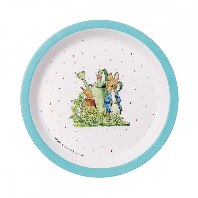 Melamine Plate, Peter Rabbit (Turquoise Rim, Watering Can)
